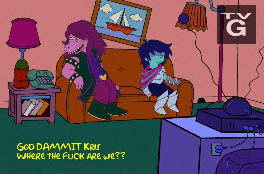 2021 anthro clothed clothing deltarune detailed_background dinosaur duo english_text hair hi_res human humor inside kris_(deltarune) kris_where_are_we lexsibbsky logo mammal meme profanity purple_body purple_hair reptile scalie style_parody subtitled susie_(deltarune) television text the_simpsons tv_remote undertale_(series) video_games