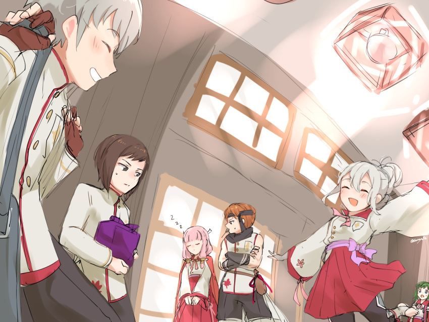 3boys 3girls alternate_costume asugi_(fire_emblem) bangs brown_hair fire_emblem fire_emblem_fates green_hair grey_hair highres hisame_(fire_emblem) indoors japanese_clothes kana_(fire_emblem) kana_(fire_emblem)_(female) kiragi_(fire_emblem) midori_(fire_emblem) mitama_(fire_emblem) multiple_boys multiple_girls orange_hair pink_hair sanoyo_fe school_uniform