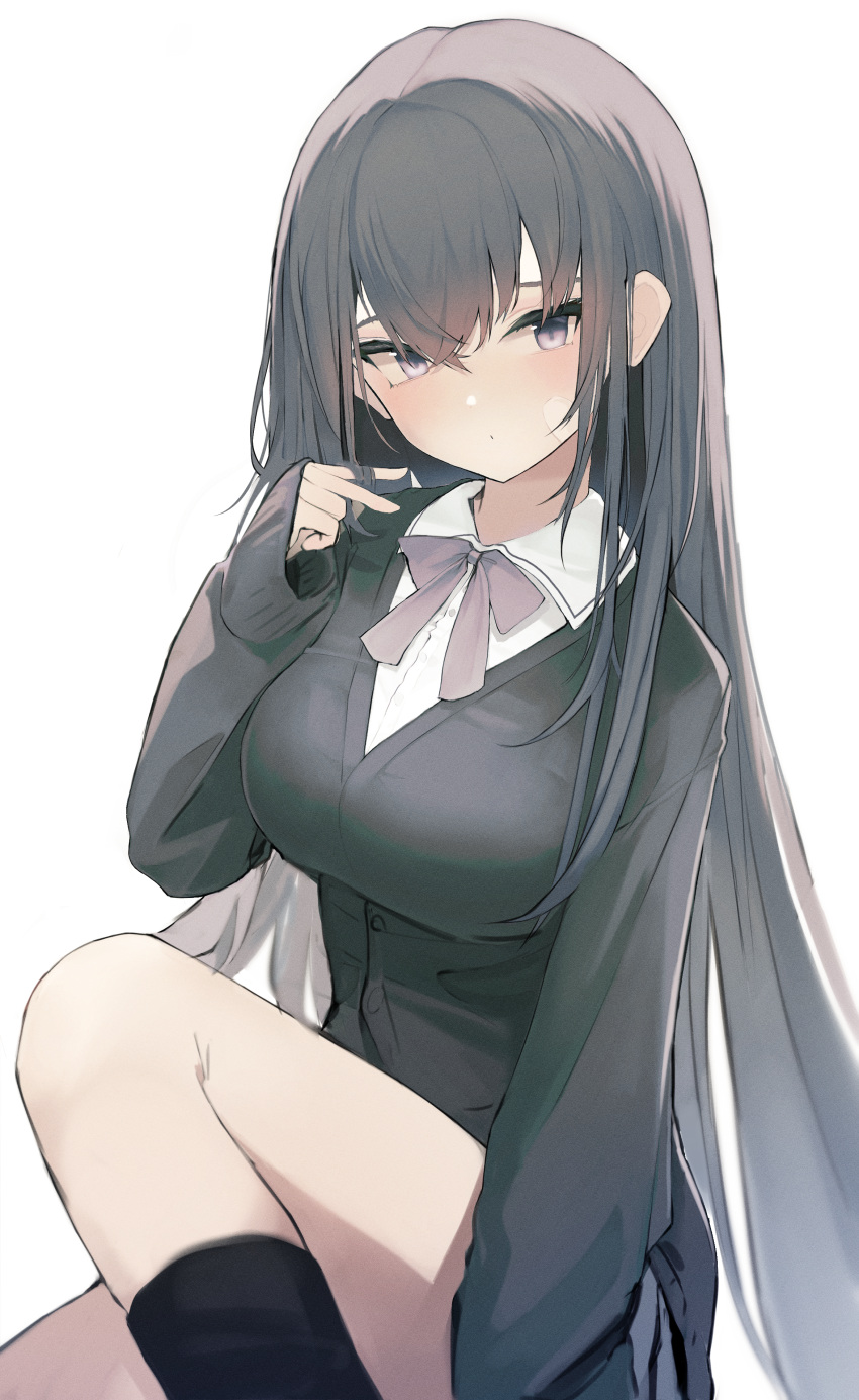 1girl :o absurdres ahr_tato bangs black_eyes black_hair black_jacket black_legwear breasts buttons collared_shirt commentary crossed_bangs feet_out_of_frame gradient_eyes hair_between_eyes hand_in_hair highres jacket kneehighs large_breasts light_blush long_hair multicolored_eyes neck_ribbon original parted_lips purple_ribbon ribbon school_uniform shirt sidelocks simple_background sitting solo symbol-only_commentary white_background white_shirt