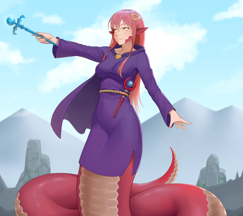 1girl breasts brooch cape cheshirrr cloud collarbone commission commissioner_upload fingernails hair_between_eyes hair_ornament highres jewelry lamia long_hair medium_breasts miia_(monster_musume) monster_girl monster_musume_no_iru_nichijou noita outdoors red_hair scales sidelocks slit_pupils solo wand yellow_eyes
