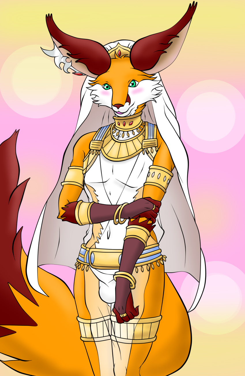 accessory anthro arabian budakurosawa bulge canid canine cosplay cute_expression fox girly hair_accessory hairpin hi_res jewerly luc_lookheart male mammal solo the_titan's_bride