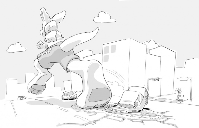 2022 3_toes anthro barefoot building car clothed clothing cloud destruction feet jogging kangaroo macro macropod male mammal marsupial monochrome pawpads paws soles solo_focus toes vehicle vexyvoo