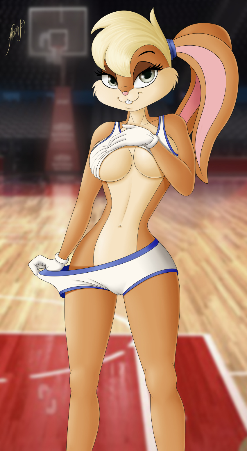 absurd_res altumsan anthro basketball_court basketball_uniform bedroom_eyes blonde_hair bottomwear breasts clothed clothing digital_media_(artwork) female gloves hair handwear hi_res lagomorph leporid lola_bunny looking_at_viewer looney_tunes mammal narrowed_eyes navel rabbit seductive shirt solo space_jam sportswear stadium striptease teeth topwear under_boob undressing uniform warner_brothers