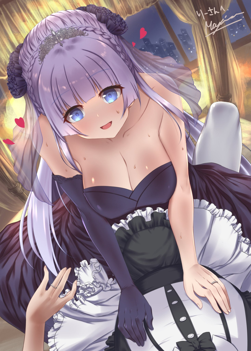 1boy 1girl age_difference bangs black_dress black_flower blue_eyes braid breasts cleavage collarbone commission crossdressing crown_braid curtains dress elbow_gloves eyebrows_visible_through_hair flower gloves hair_flower hair_ornament heart hetero highres inia_sestina looking_down maid makishima_azusa medium_breasts muvluv muvluv_alternative muvluv_exogularity second-party_source signature silver_hair single_glove skeb_commission skyline tiara white_dress