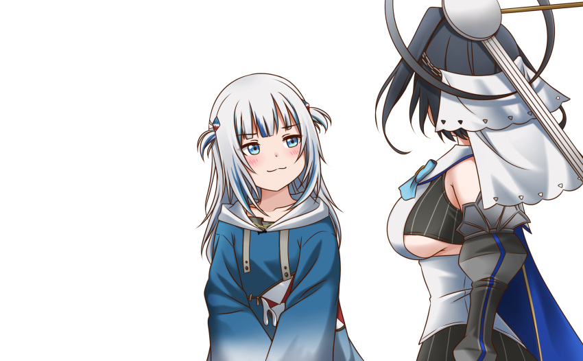 2girls :3 absurdres black_hair blue_eyes blue_hair blue_hoodie blush breasts commentary detached_sleeves drake_&amp;_josh english_commentary eyebrows_visible_through_hair gawr_gura halo highres hololive hololive_english hood hoodie jan_azure large_breasts looking_to_the_side looking_up mechanical_halo medium_hair meme multicolored_hair multiple_girls ouro_kronii short_hair sideboob silver_hair streaked_hair transparent_background two_side_up virtual_youtuber water watercraft where's_the_door_hole?_(meme)