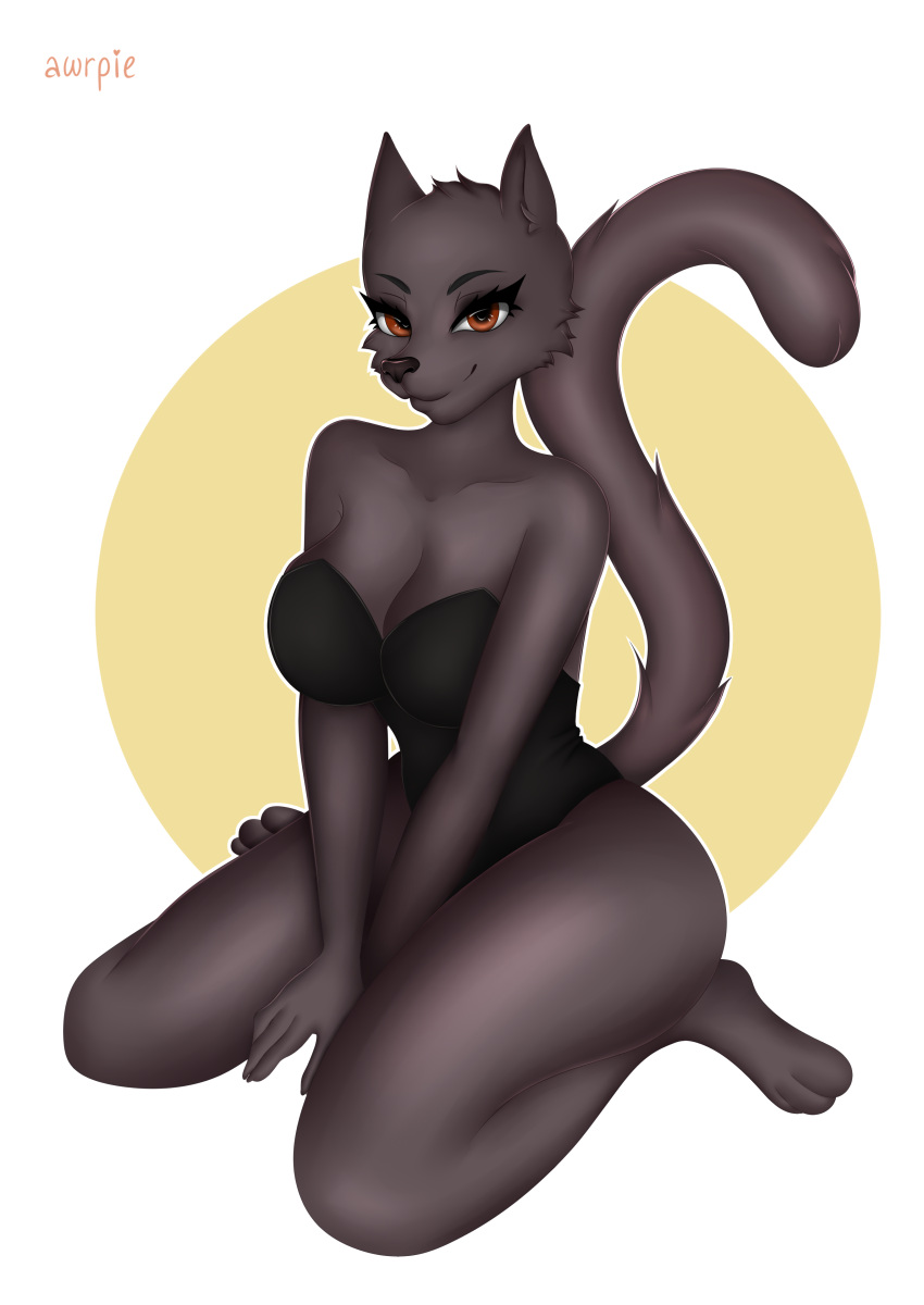 absurd_res anthro artist_awrpie bodysuit breasts butt clothing domestic_cat felid feline felis female hi_res invalid_tag kneeling mammal pinup pose sfw skinsuit solo tight_clothing