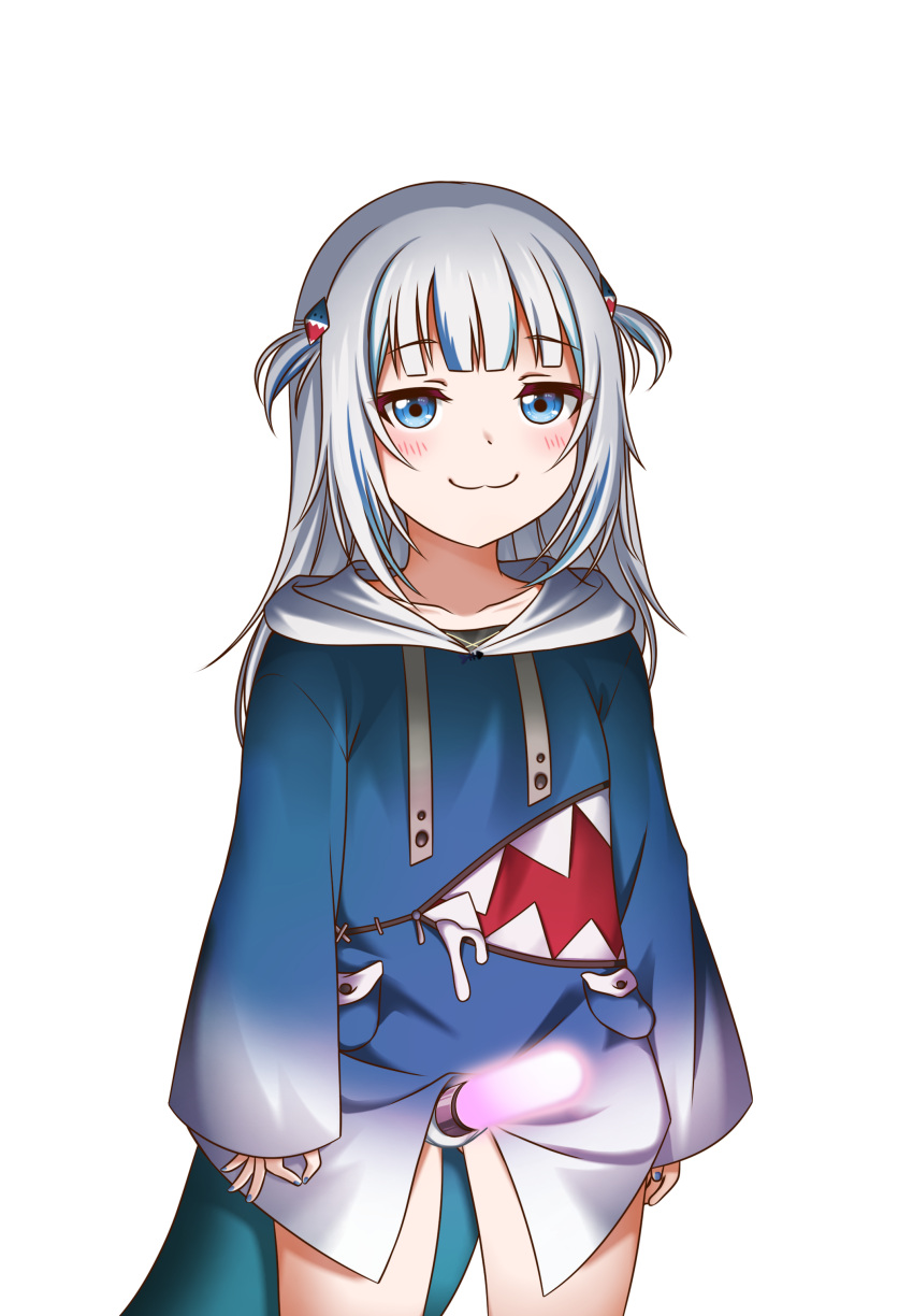 1girl :3 absurdres bangs blue_eyes blue_hair blue_hoodie blunt_bangs circle_game cowboy_shot eyebrows_visible_through_hair fish_tail gawr_gura glowstick highres hololive hololive_english hood hoodie jan_azure long_sleeves looking_at_viewer medium_hair multicolored_hair phallic_symbol sexually_suggestive shark_girl shark_tail silver_hair sleeves_past_wrists smile solo standing streaked_hair tail transparent_background two-tone_hair two_side_up virtual_youtuber when_you_see_it