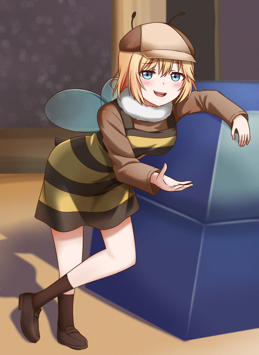 1girl absurdres antennae bee_costume bee_movie black_dress blonde_hair blue_eyes blush brown_footwear brown_legwear brown_shirt deerstalker dress eyebrows_visible_through_hair fur_collar hat highres hololive hololive_english insect_wings jan_azure leaning leaning_on_object loafers looking_at_viewer medium_hair parody shirt shoes smug socks striped striped_dress virtual_youtuber watson_amelia wings yellow_dress