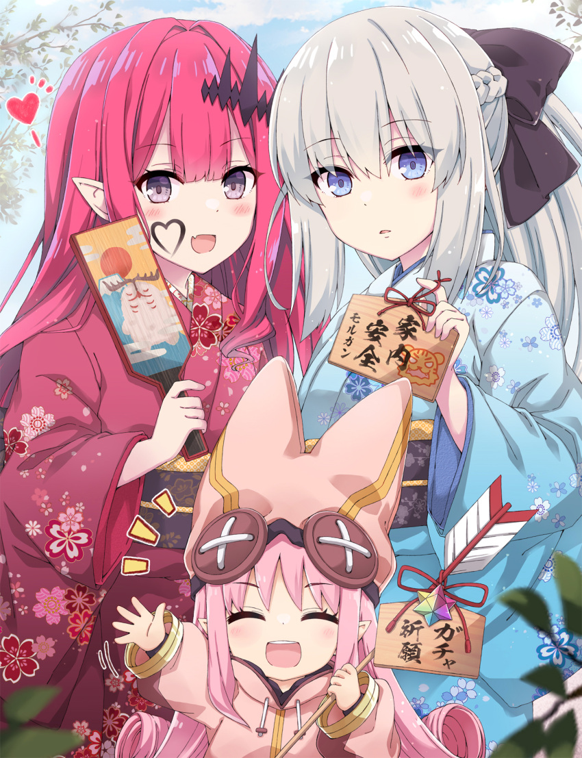 3girls arrow_(projectile) blue_eyes blue_kimono blush cernunnos_(fate) closed_eyes commentary ema fairy_knight_tristan_(fate) fate/grand_order fate_(series) grey_hair habetrot_(fate) hair_ribbon hamaya heart highres japanese_clothes kimono long_hair minigirl morgan_le_fay_(fate) multiple_girls new_year open_mouth pink_hair pink_kimono pointy_ears purple_eyes ribbon rioshi saint_quartz_(fate) waving