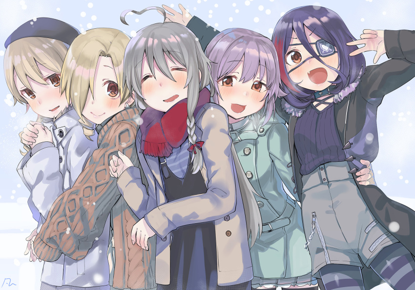 5girls ahoge blonde_hair blush brown_eyes brown_hair earrings eyebrows_visible_through_hair eyepatch fang grey_hair grey_legwear hair_over_one_eye hayasaka_mirei highres hoshi_syoko idolmaster idolmaster_cinderella_girls jewelry koshimizu_sachiko long_hair looking_at_viewer morikubo_nono multicolored_clothes multicolored_hair multicolored_legwear multiple_girls open_mouth pantyhose purple_hair purple_legwear red_hair ringlets shirasaka_koume short_hair smile snow snowing streaked_hair striped striped_legwear yanngoto