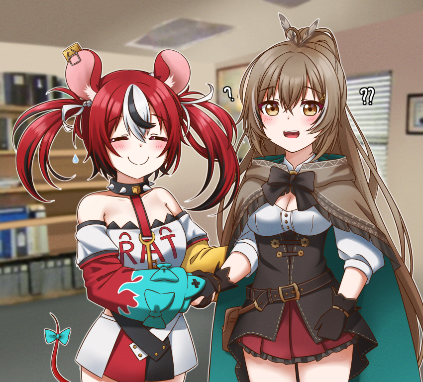 2girls ? ?? absurdres animal_ears asymmetrical_sleeves blush breasts cape cleavage closed_eyes commentary english_commentary feathers gloves hakos_baelz highres hololive hololive_english jan_azure long_sleeves medium_breasts meme mismatched_sleeves mouse_ears mousetrap multiple_girls nanashi_mumei office red_hair shirt skirt smile the_office virtual_youtuber white_shirt