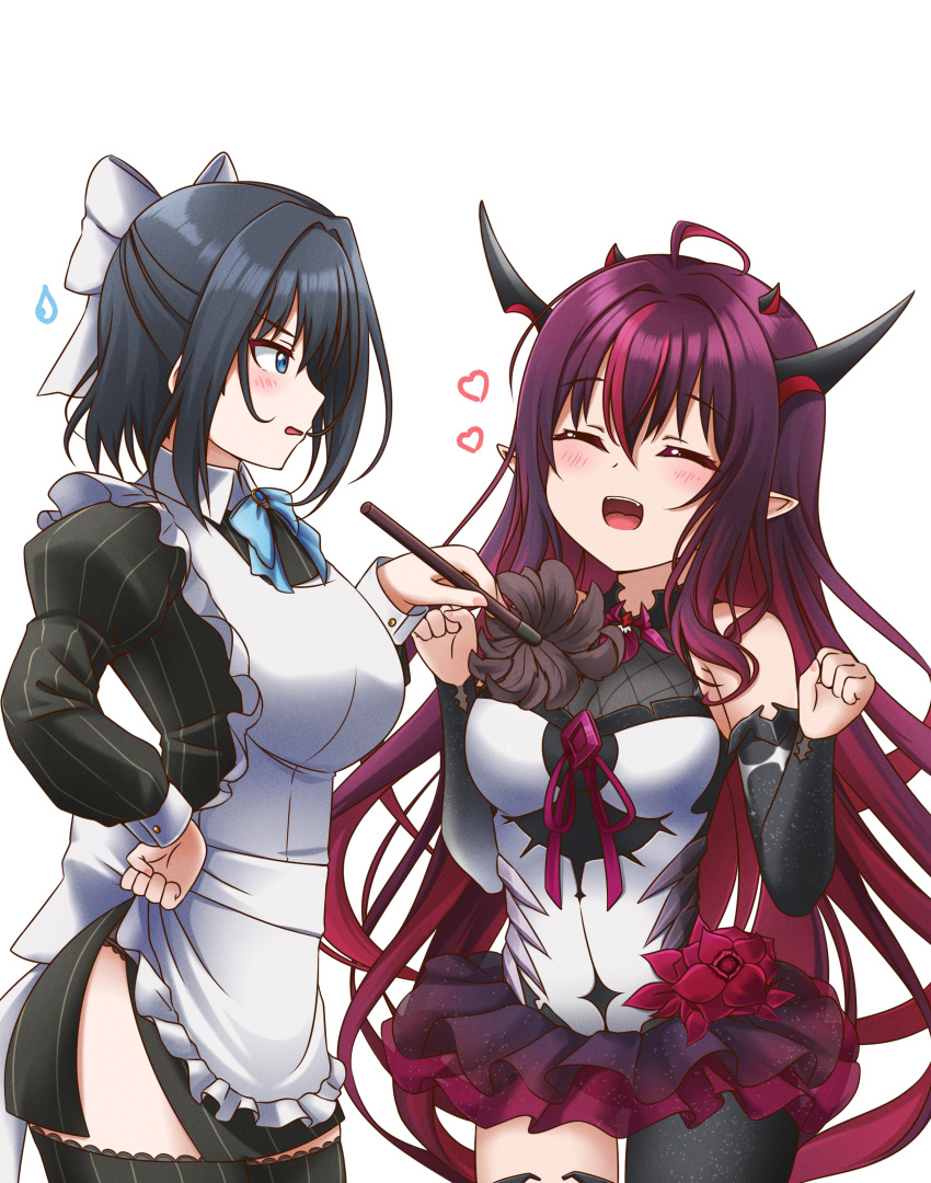 2girls absurdres alternate_costume annoyed apron bangs black_dress black_hair blue_bow blue_eyes blush bow breasts clenched_hands commentary dress duster english_commentary enmaided heart highres holding holding_duster hololive hololive_english horns irys_(hololive) jan_azure juliet_sleeves large_breasts long_hair long_sleeves maid maid_apron medium_breasts multiple_girls multiple_horns open_mouth ouro_kronii pointy_ears puffy_sleeves pun purple_skirt short_hair single_leg_pantyhose single_thighhigh skirt smile thighhighs virtual_youtuber