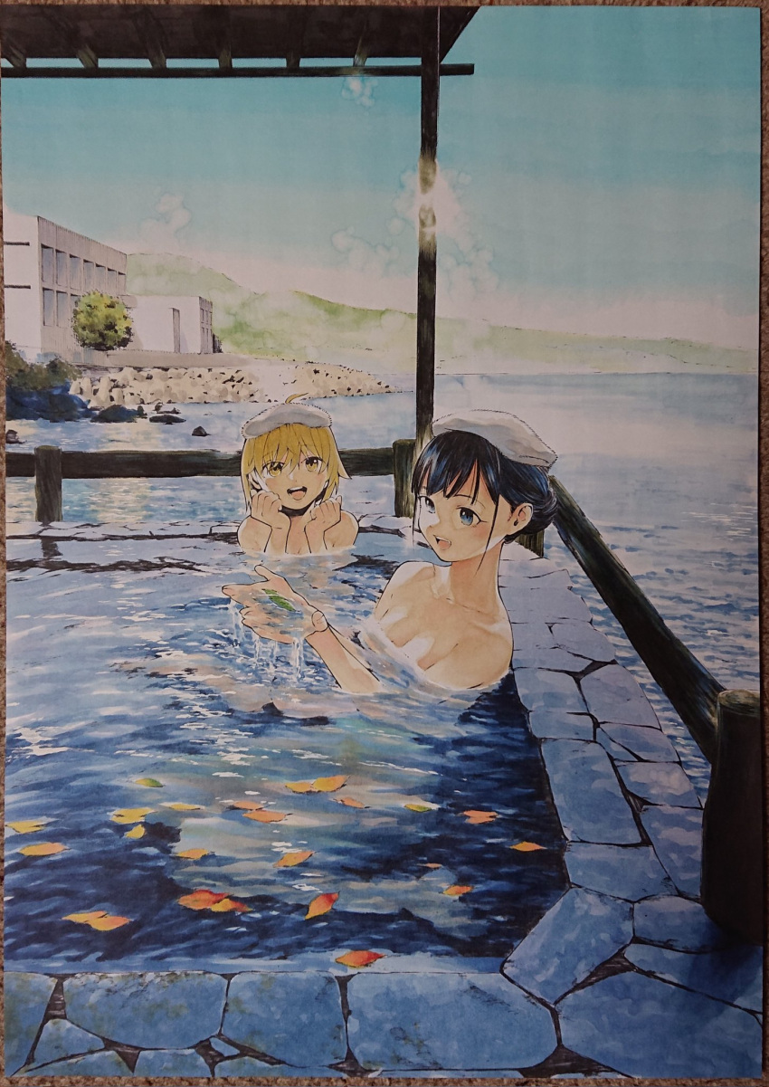 2girls afloat afloat_leaves ahoge black_hair blonde_hair blue_eyes blush building collarbone completely_nude dripping eyelashes gagaimo hair_between_eyes highres long_eyelashes looking_at_another medium_hair mountain multiple_girls nude ocean onsen open_mouth original outdoors petals petals_on_liquid photoshop_(medium) smile steam teeth tetrapod tied_hair tongue towel towel_on_head traditional_media tree upper_teeth water yellow_eyes