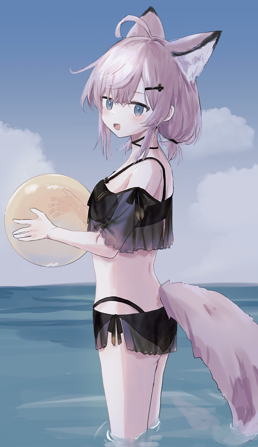 1girl :d absurdres ahoge animal_ear_fluff animal_ears arknights ball bangs bare_shoulders beachball bikini black_bikini blue_eyes blue_sky blush cloud day eyebrows_visible_through_hair fox_ears fox_girl fox_tail hair_between_eyes hair_ornament hairclip highres holding holding_ball horizon kohaku_sogo low_twintails ocean outdoors pink_hair see-through short_twintails sky smile solo standing sussurro_(arknights) swimsuit tail transparent twintails water