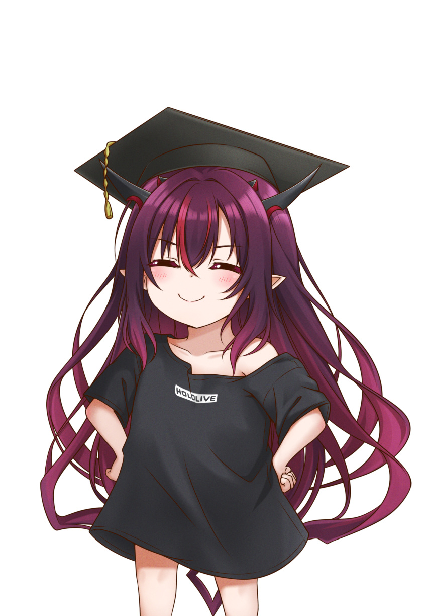 1girl absurdres bangs black_shirt blush closed_eyes commentary hat highres hololive hololive_english horns irys_(hololive) jan_azure long_hair mortarboard multicolored_hair pointy_ears purple_hair red_hair shirt simple_background smile solo symbol-only_commentary t-shirt virtual_youtuber white_background younger