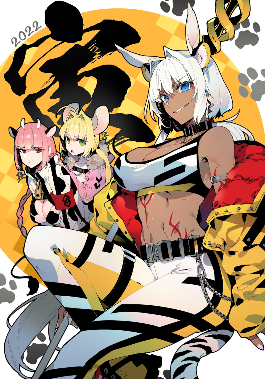 2022 3girls ahoge animal_ears bangs bare_shoulders blonde_hair blue_eyes blush body_markings braid braided_ponytail breasts caenis_(fate) cleavage collarbone cow_ears cow_horns dark-skinned_female dark_skin fake_animal_ears fate/extra fate/grand_order fate_(series) florence_nightingale_(fate) folded_ponytail green_eyes grin hair_intakes hairband highres horns koshiro_itsuki large_breasts long_hair looking_at_viewer mouse_ears multiple_girls nero_claudius_(fate) nero_claudius_(fate/extra) pink_hair red_eyes smile thighs tiger_ears twintails very_long_hair white_hair