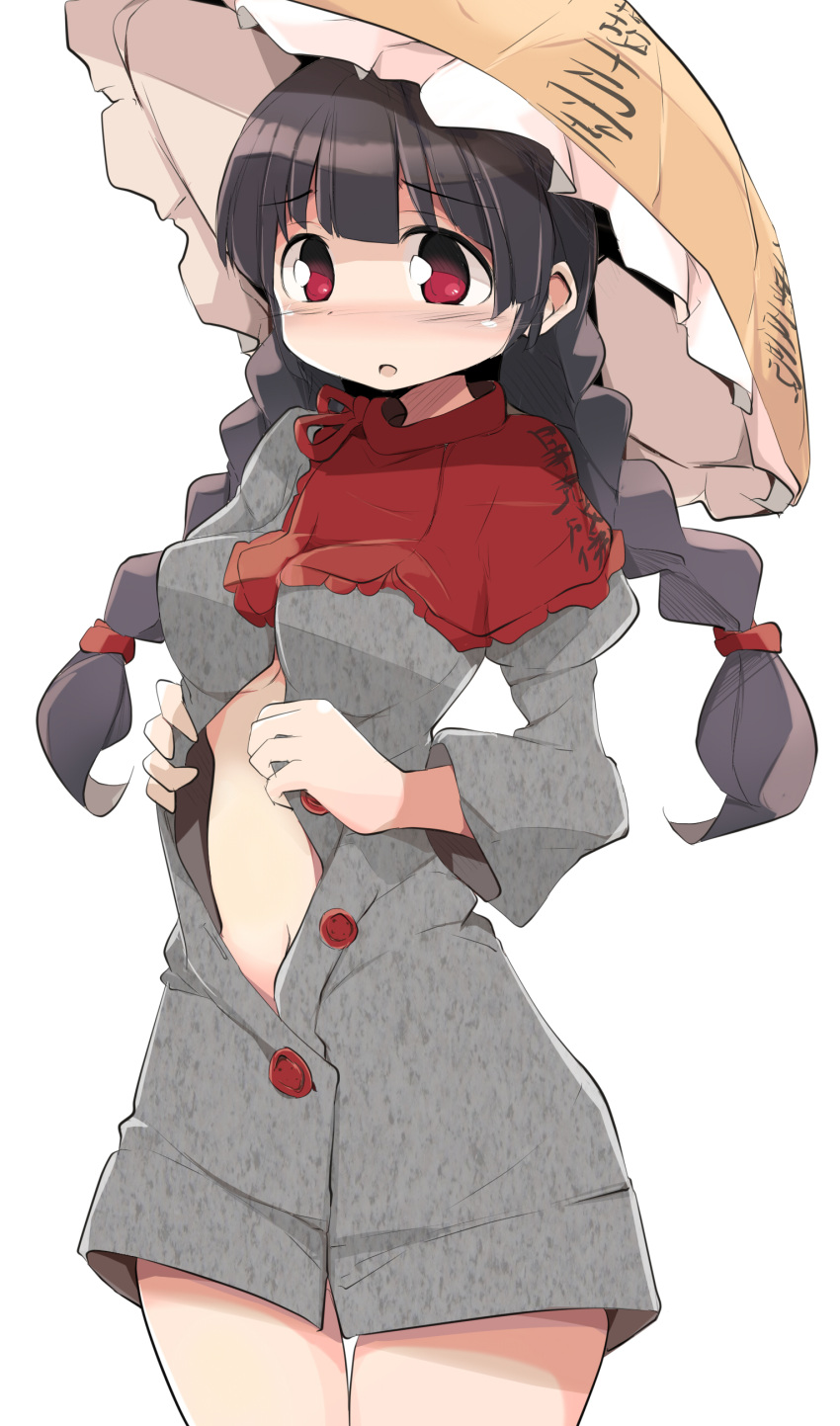 1girl :o absurdres ajirogasa black_hair braid breasts brown_headwear buttons capelet clothes_writing cowboy_shot dress eyebrows_visible_through_hair frilled_hat frills grey_dress hat highres jizou long_hair medium_breasts midriff mukuroi navel partially_unbuttoned red_capelet red_eyes ribbon simple_background single_strap stomach touhou twin_braids unbuttoned white_background yatadera_narumi