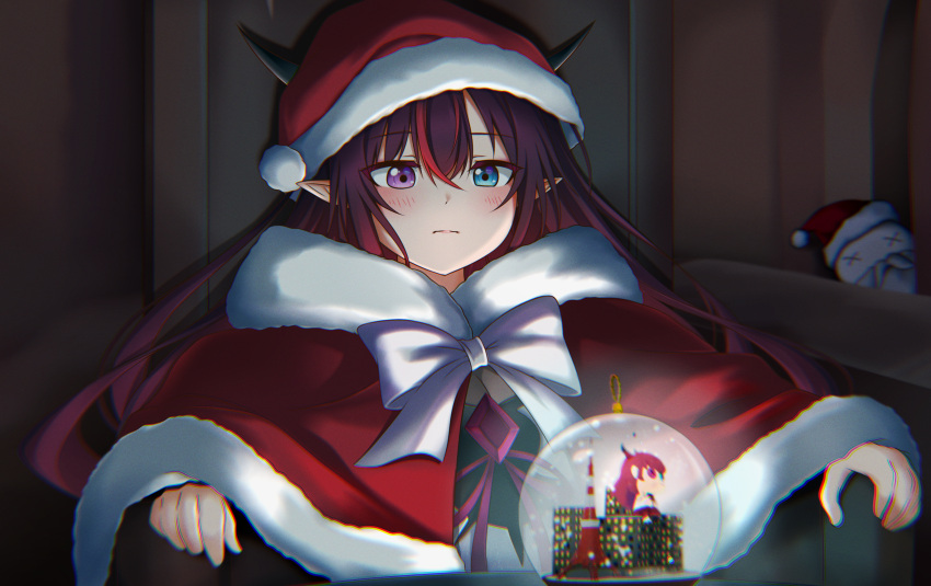 1girl absurdres blue_eyes blush bow capelet chromatic_aberration frown fur_trim hat heterochromia highres hololive hololive_english irys_(hololive) jan_azure looking_down meme pointy_ears pondering_my_orb_(meme) purple_eyes red_capelet red_headwear santa_hat sitting snow_globe solo tolkien's_legendarium virtual_youtuber white_bow