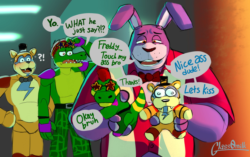 2022 ?! absurd_res alligator alligatorid animatronic anthro belt blush bodily_fluids bottomwear bow_tie bruh caught clothed clothing crocodilian dialogue english_text eyebrows eyewear eyewear_on_head facial_markings fingerless_gloves five_nights_at_freddy's five_nights_at_freddy's:_security_breach glamrock_bonnie_(fnaf) glamrock_freddy_(fnaf) glass0milk gloves group hair hands_on_hips handwear hat head_markings headgear headwear hi_res holding_object holding_plushie humor inside lagomorph leporid machine male mammal markings mohawk montgomery_gator_(fnaf) muscular muscular_anthro muscular_male narrowed_eyes open_mouth open_smile pants plushie profanity rabbit reptile robot scalie scottgames shirt shoulder_pads signature smile standing sunglasses sunglasses_on_head sweat sweatdrop teeth text tongue top_hat topless topless_anthro topless_male topwear trio ursid video_games