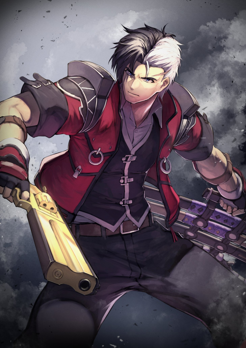 1boy arisu_reiji belt black_gloves black_hair blue_eyes closed_mouth dual_wielding fingerless_gloves fingernails gloves gun highres holding holding_gun holding_weapon itaco katana male_focus multicolored_hair o-ring project_x_zone revolver scabbard scar sheath sheathed sleeves_rolled_up smoke solo sword weapon white_hair