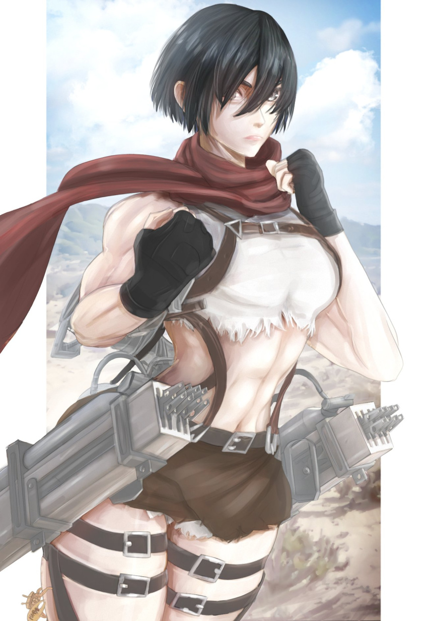 1girl abs alternate_eye_color belt biceps black_gloves black_hair blue_sky brown_skirt closed_mouth cloud cowboy_shot day fingerless_gloves gloves grey_eyes hair_between_eyes highres looking_at_viewer mikasa_ackerman mountain muscular muscular_female outdoors pink_lips pouty_lips red_scarf scarf serious shingeki_no_kyojin shiny shiny_hair shiny_skin shirt short_hair skirt sky solo stormyorha strap thighs three-dimensional_maneuver_gear torn_clothes torn_shirt torn_skirt white_shirt wind