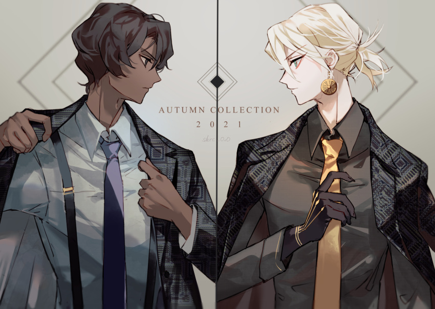 2boys arjuna_(fate) bangs bishounen black_hair blue_eyes commentary_request dark-skinned_male dark_skin fate/grand_order fate_(series) formal gloves hair_between_eyes highres karna_(fate) long_hair long_sleeves male_focus multiple_boys necktie pale_skin sakuramochi1003 suspenders white_hair