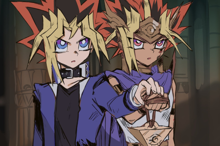 2boys armlet atem black_collar black_hair blonde_hair blue_eyes blue_jacket bracelet cape choker circlet collar collarbone dark-skinned_male dark_skin earrings egyptian egyptian_clothes holding holding_jewelry holding_necklace indoors injury jacket jewelry kurobeta male_focus millennium_puzzle multicolored_eyes multicolored_hair multiple_boys mutou_yuugi necklace open_clothes open_jacket parted_lips pillar pink_eyes purple_cape purple_eyes red_hair school_uniform scratches shirt_tucked_in sketch spiked_hair uniform upper_body yu-gi-oh!