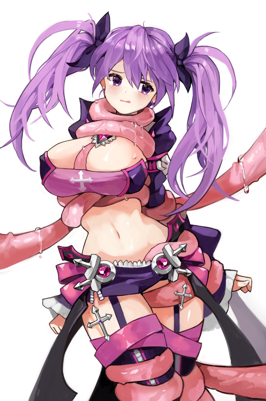 1girl absurdres aisha_landar blush breasts elsword highres large_breasts long_hair navel open_mouth purple_eyes purple_hair purple_skirt restrained saliva simple_background skirt smile solo sora_zz6 tearing_up tentacle_grab thighhighs twintails void_princess_(elsword) white_background