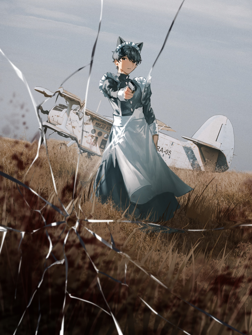 1boy aiming_at_viewer aircraft airplane animal_ears apron black_dress black_eyes black_hair blood blood_splatter cat_ears closed_mouth cloud cloudy_sky commentary cracked_glass crossdressing dress english_commentary field frilled_apron frills full_body grey_sky gun handgun highres holding holding_gun holding_weapon ishida_(segu_ishida) long_dress long_sleeves maid maid_apron maid_headdress male_focus original outdoors pistol short_hair signature sky solo weapon white_apron