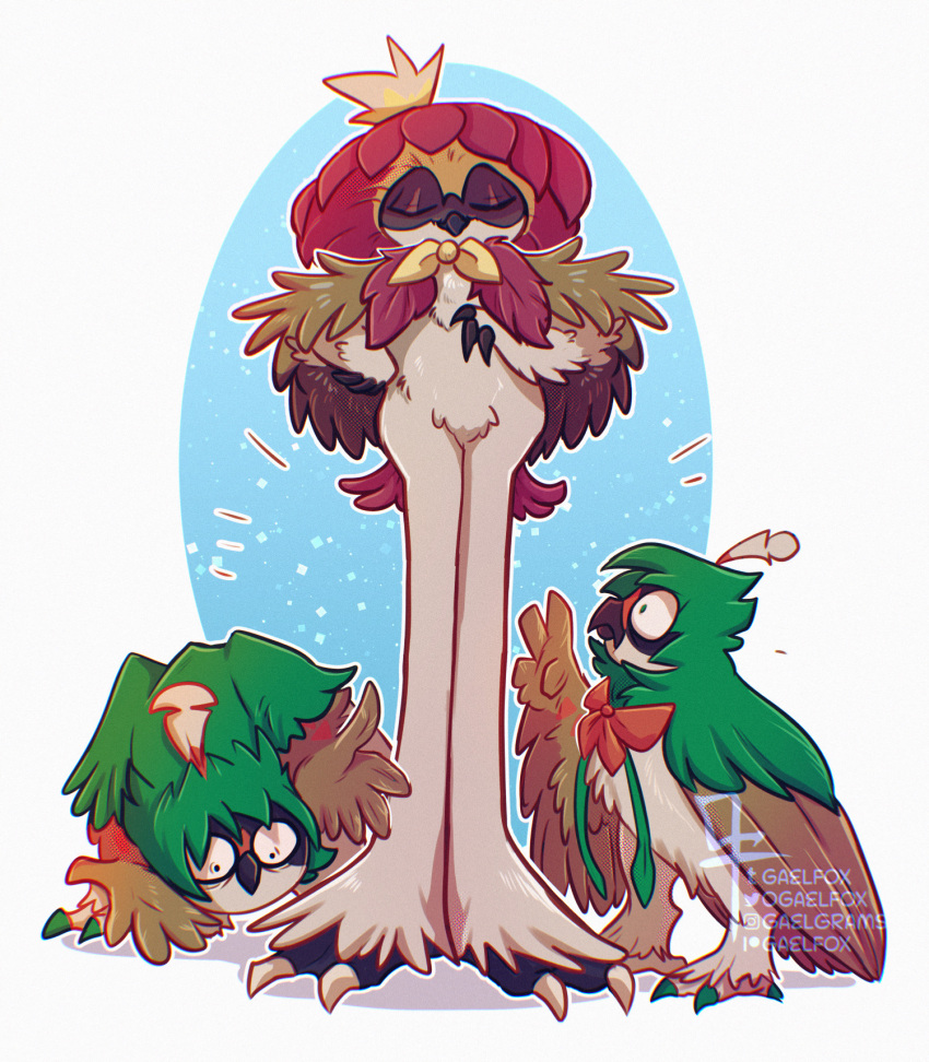 beak closed_eyes decidueye feathers gaelfox hat highres hisuian_decidueye hood long_legs looking_at_another looking_up no_humans pokemon pokemon_(creature) smile tall talons wide-eyed