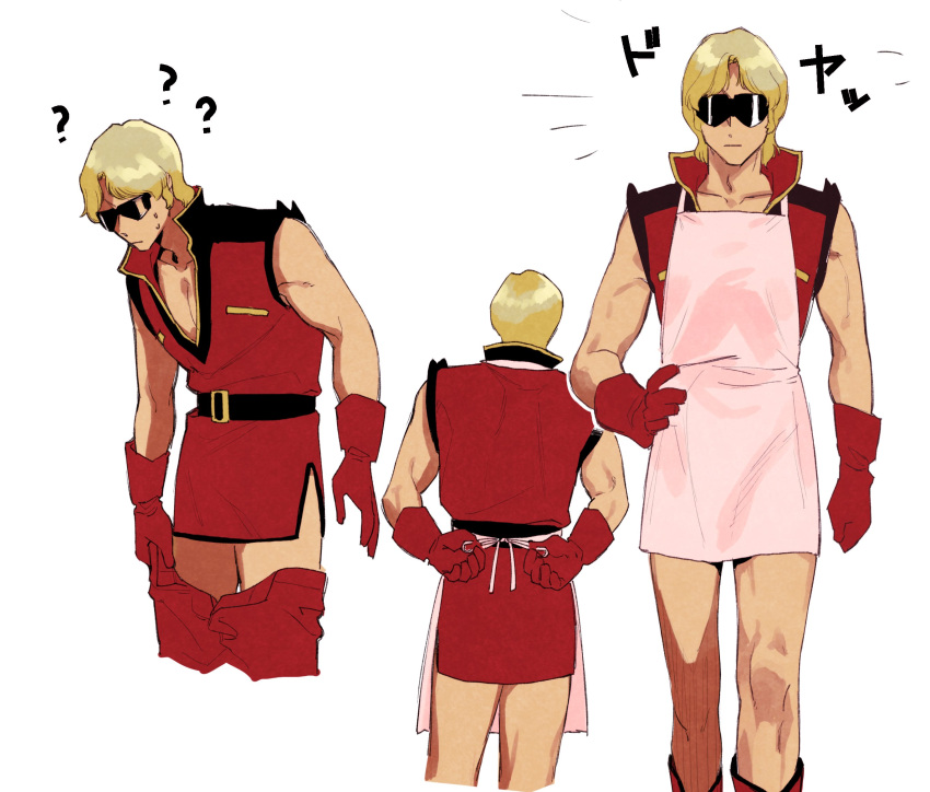 1boy ? adjusting_clothes apron blonde_hair boots closed_mouth commentary gloves gundam hand_on_hip highres male_focus military military_uniform multiple_views pink_apron quattro_vageena red_footwear red_gloves shishanmo simple_background sleeveless sunglasses sweat uniform white_background zeta_gundam