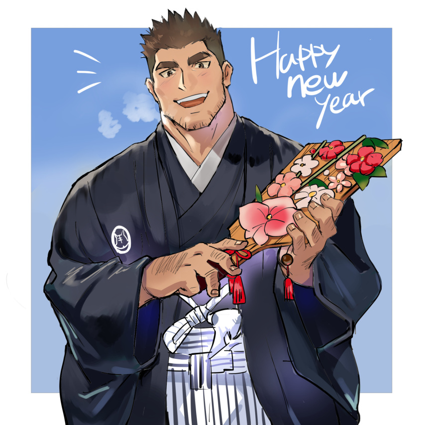 1boy bara brown_eyes brown_hair commentary_request facial_hair hagoita hakama highres japanese_clothes male_focus mature_male muscular muscular_male open_mouth original paddle short_hair smile solo spiked_hair stubble thick_eyebrows tofu_(tofulabo)