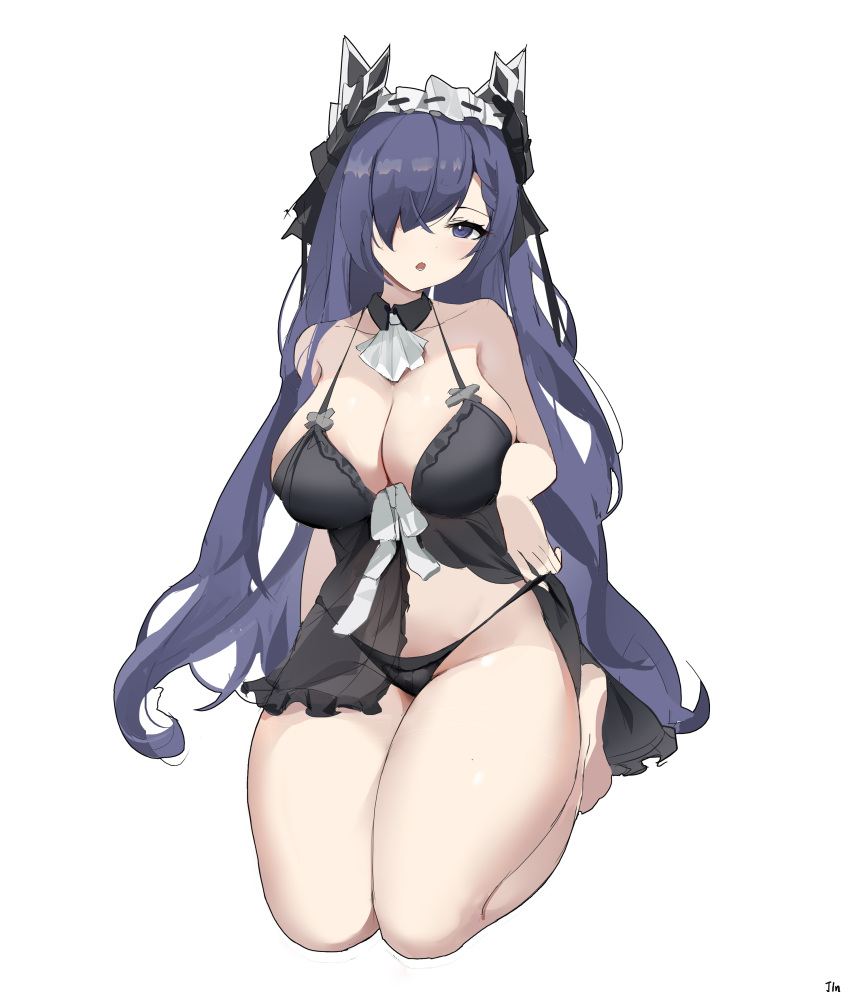 1girl :o absurdres alternate_costume ascot august_von_parseval_(azur_lane) azur_lane babydoll bare_legs barefoot black_babydoll black_camisole black_panties blue_eyes blue_hair breasts camisole chinese_commentary cleavage detached_collar english_commentary full_body groin hair_between_eyes hair_over_one_eye highres horns large_breasts long_hair looking_at_viewer maid_headdress midriff mixed-language_commentary nico-weiyan open_mouth panties see-through seiza signature simple_background sitting sleepwear solo strap_pull thighs underwear white_ascot white_background wing_collar