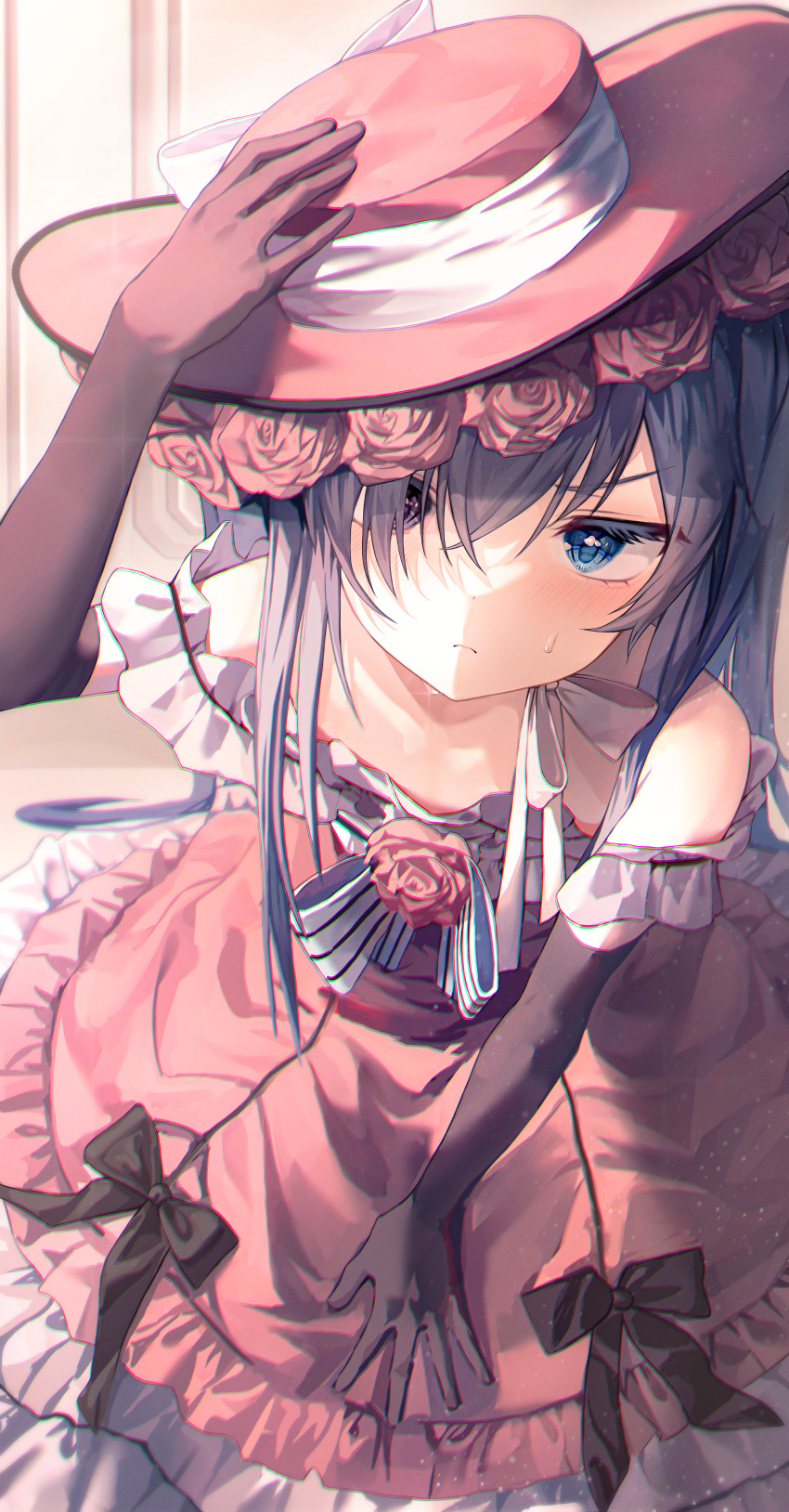 1boy absurdres bangs bare_shoulders black_gloves blue_eyes blue_hair bow bowtie chromatic_aberration ciel_phantomhive commentary corsage crossdressing dress elbow_gloves embarrassed flower frilled_dress frills frown full_body gloves hair_over_one_eye han_seol hat hat_flower hat_ribbon highres indoors kneeling kuroshitsuji long_hair looking_to_the_side male_focus off_shoulder official_alternate_costume official_alternate_hairstyle pink_dress pink_flower pink_headwear pink_rose ribbon rose sidelocks solo striped striped_bow striped_bowtie symbol-only_commentary very_long_hair white_bow white_bowtie white_ribbon