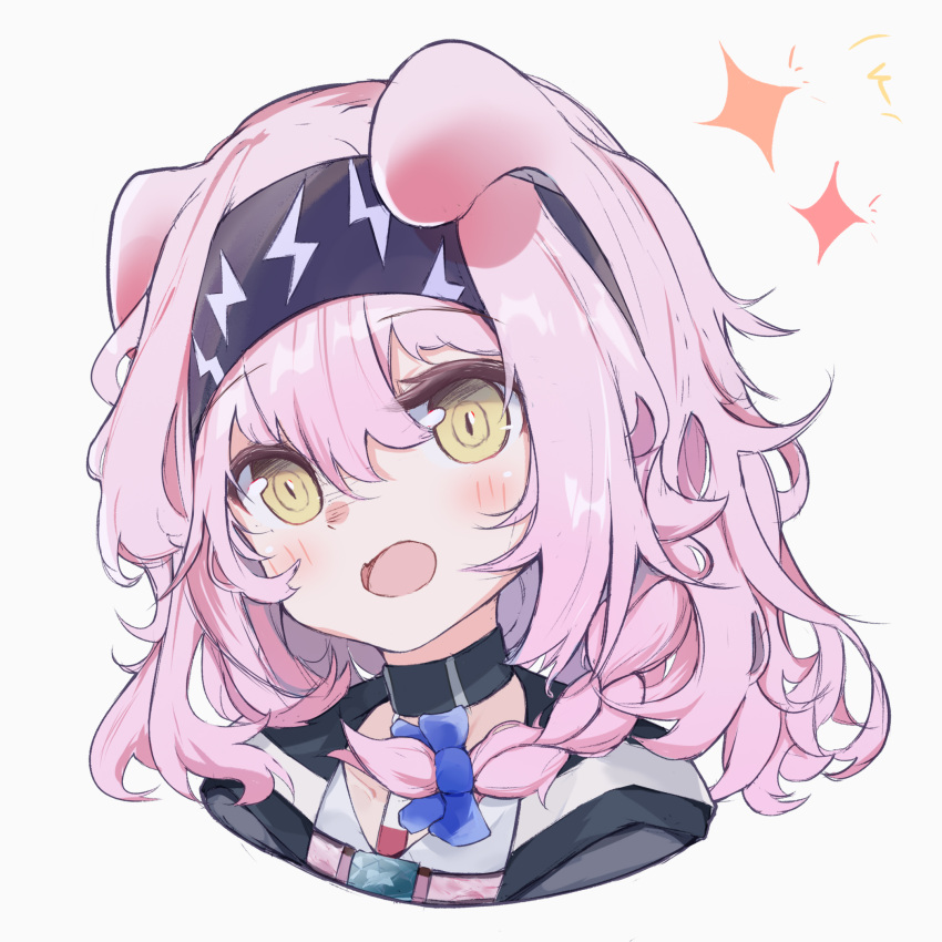 1girl animal_ears arknights bangs black_choker blue_bow blush bow braid choker dog_ears eyebrows_visible_through_hair hair_between_eyes hair_bow highres lightning_bolt_print looking_at_viewer nalphanne open_mouth pink-haired_perro_(arknights) pink_hair portrait short_hair side_braid simple_background solo sparkle white_background yellow_eyes