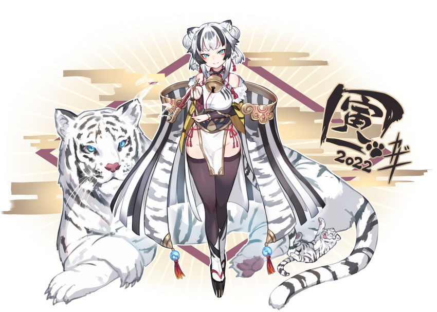 1girl 2022 animal animal_ear_fluff animal_ears animal_print blue_eyes breasts chinese_zodiac eyebrows_visible_through_hair groin happy_new_year highres kazana_(sakuto) large_breasts looking_at_viewer multicolored_hair new_year original pantyhose solo striped_tail tail tiger tiger_ears tiger_girl tiger_print tiger_stripes tiger_tail two-tone_hair white_fur white_tiger year_of_the_tiger