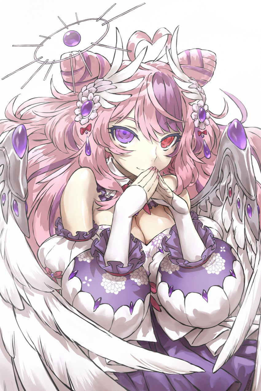 1girl ahoge angel angel_wings bangs bare_shoulders breasts bridal_gauntlets cleavage closed_mouth collar detached_collar detached_sleeves double_bun dress eyebrows_visible_through_hair frilled_collar frilled_dress frills gem gloves hair_between_eyes hair_ornament halo haraya_manawari heart_ahoge heterochromia highres ironmouse jewelry large_breasts looking_at_viewer multicolored_hair nail_polish official_alternate_costume own_hands_together pink_hair puffy_sleeves purple_dress purple_eyes purple_hair red_eyes signature simple_background smile solo steepled_fingers two-tone_dress two-tone_hair upper_body virtual_youtuber vshojo white_background white_dress white_gloves wing_armor wing_hair_ornament wings