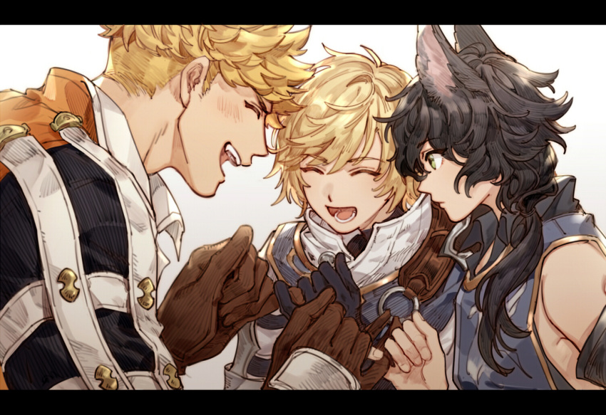 3boys animal_ears arthur_(granblue_fantasy) bangs black_border black_gloves black_hair blonde_hair blush border brown_gloves closed_eyes closed_mouth erune gloves granblue_fantasy green_eyes looking_at_another male_focus mordred_(granblue_fantasy) multiple_boys open_mouth ponytail ricemune723623 short_hair smile undercut upper_body vane_(granblue_fantasy)