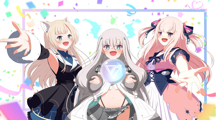 3girls absurdres animal_ears bangs black_jacket blue_eyes blue_skirt blush breasts cat_ears cat_girl detached_sleeves dress eyebrows_visible_through_hair fukurou_(hukurou) grey_hair grey_jacket grey_skirt highres hoshifuri_iku ibuki_meno jacket long_hair medium_breasts midriff multiple_girls navel off_shoulder open_hands orb outstretched_arm pink_dress pink_hair prism_project purple_eyes skirt sleeveless sleeveless_jacket smile tokimori_aoi two_side_up virtual_youtuber