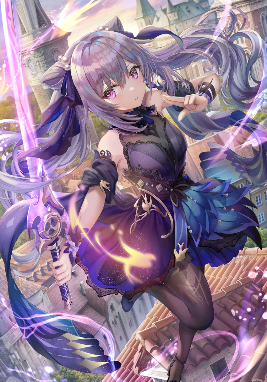 1girl bangs bare_shoulders city clock clock_tower commentary_request detached_sleeves dress eyebrows_visible_through_hair floating_hair genshin_impact hair_between_eyes hair_cones hair_ribbon highres holding holding_sword holding_weapon keqing_(genshin_impact) keqing_(opulent_splendor)_(genshin_impact) long_hair looking_at_viewer outdoors pantyhose parted_lips purple_dress purple_eyes purple_hair purple_ribbon ribbon short_sleeves sidelocks sleeveless sleeveless_dress solo sword torino_akua tower twintails very_long_hair weapon wrist_cuffs