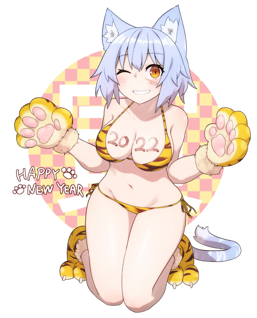 1girl 2022 animal_ear_fluff animal_ears animal_hands animal_print bikini blue_hair blush breasts cat_ears cat_tail chinese_zodiac cleavage collarbone eyebrows_visible_through_hair gloves groin happy_new_year highres kneeling large_breasts looking_at_viewer navel new_year one_eye_closed orange_eyes original paw_gloves paw_shoes ryota_tentei scar scar_across_eye scar_on_cheek scar_on_face short_hair shorts solo swimsuit tail tiger_print tora_tentei year_of_the_tiger