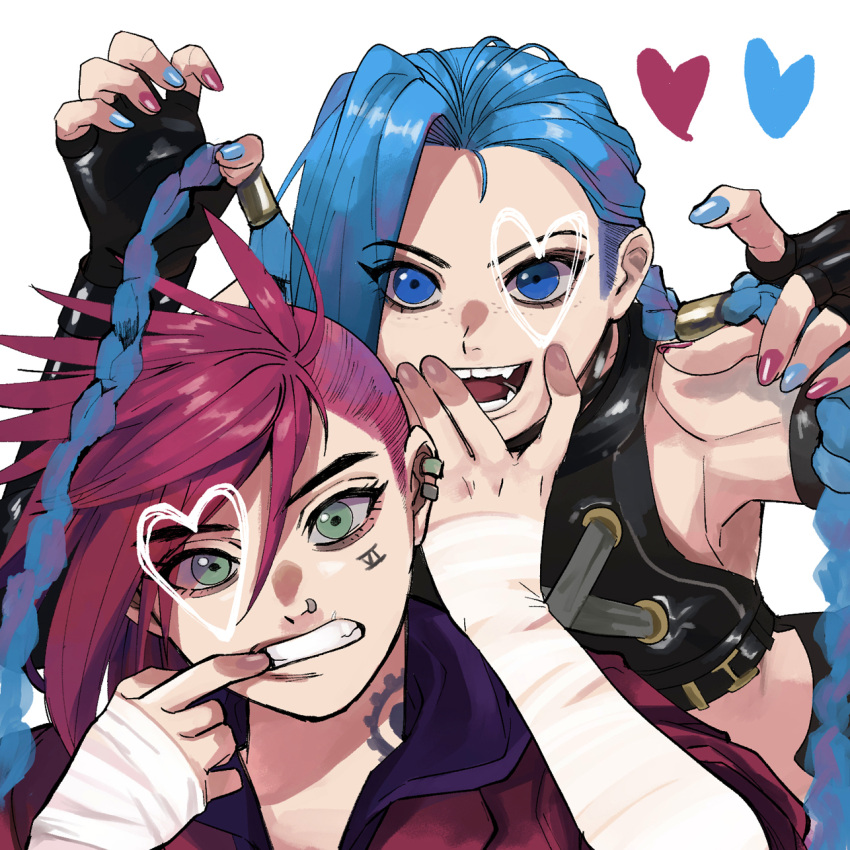 2girls arcane:_league_of_legends arcane_jinx arcane_vi asymmetrical_bangs bangs blue_eyes blue_hair blue_nails braid brown_shirt character_name claw_pose crop_top ear_piercing fangs finger_in_mouth freckles green_eyes hands_up heart highres hiyari_(hiyarilol) jacket jinx_(league_of_legends) league_of_legends long_hair looking_at_viewer mismatched_nail_polish multiple_girls nail_polish neck_tattoo nose_piercing piercing red_hair red_jacket red_nails shiny shiny_hair shirt short_hair siblings sidecut sisters tattoo teeth twin_braids vi_(league_of_legends)