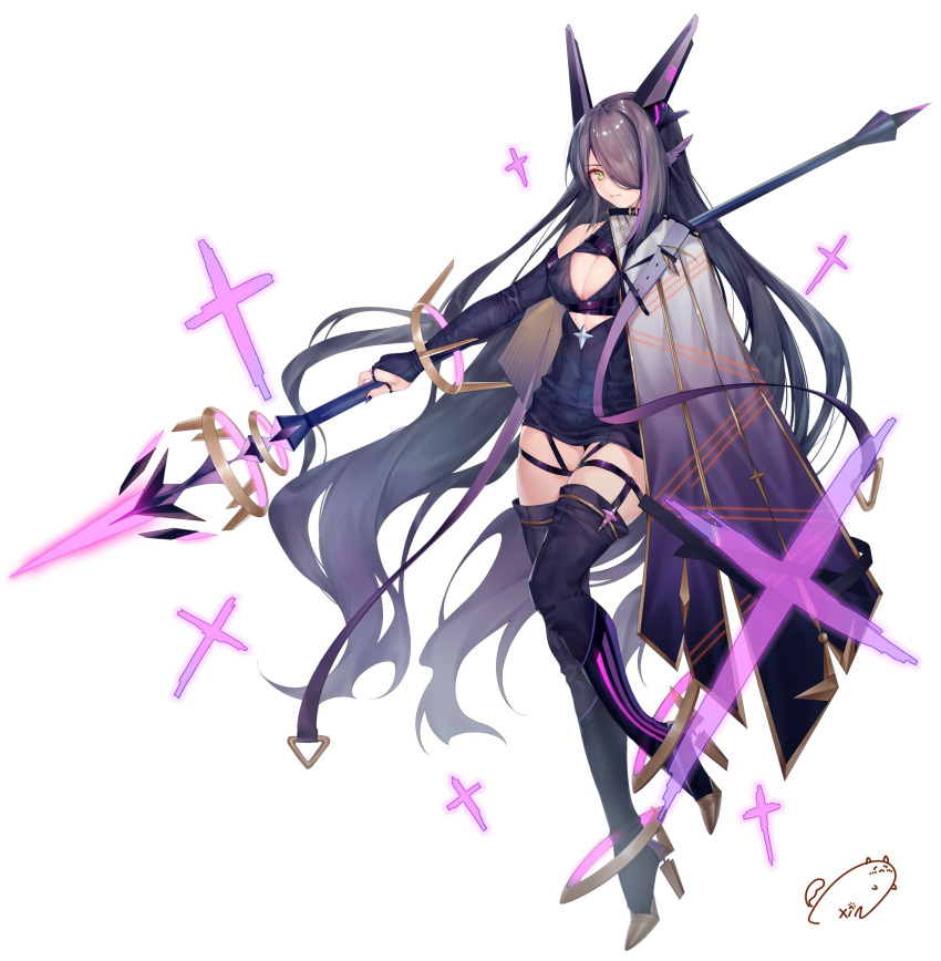 1girl bangs boots breasts bridal_gauntlets cleavage closed_mouth full_body green_eyes hair_over_one_eye high_heels highres large_breasts looking_at_viewer obiwan one_eye_covered original purple_footwear purple_hair signature solo thigh_boots thighhighs thighs white_background