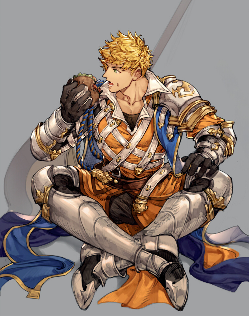 1boy armor armored_boots bara black_gloves black_pants blonde_hair boots burger eating food food_on_face gloves granblue_fantasy green_eyes highres holding holding_food indian_style large_pectorals male_focus muscular muscular_male open_mouth pants pauldrons pectorals ricemune723623 short_hair shoulder_armor single_pauldron sitting solo undercut vambraces vane_(granblue_fantasy) weapon weapon_behind_back