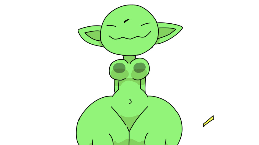 animated belly colored eyes_closed female goblin green_body green_skin grin hi_res humanoid humanoid_pointy_ears navel plap riding round_breasts smile solo text thebombshell5 thick_thighs