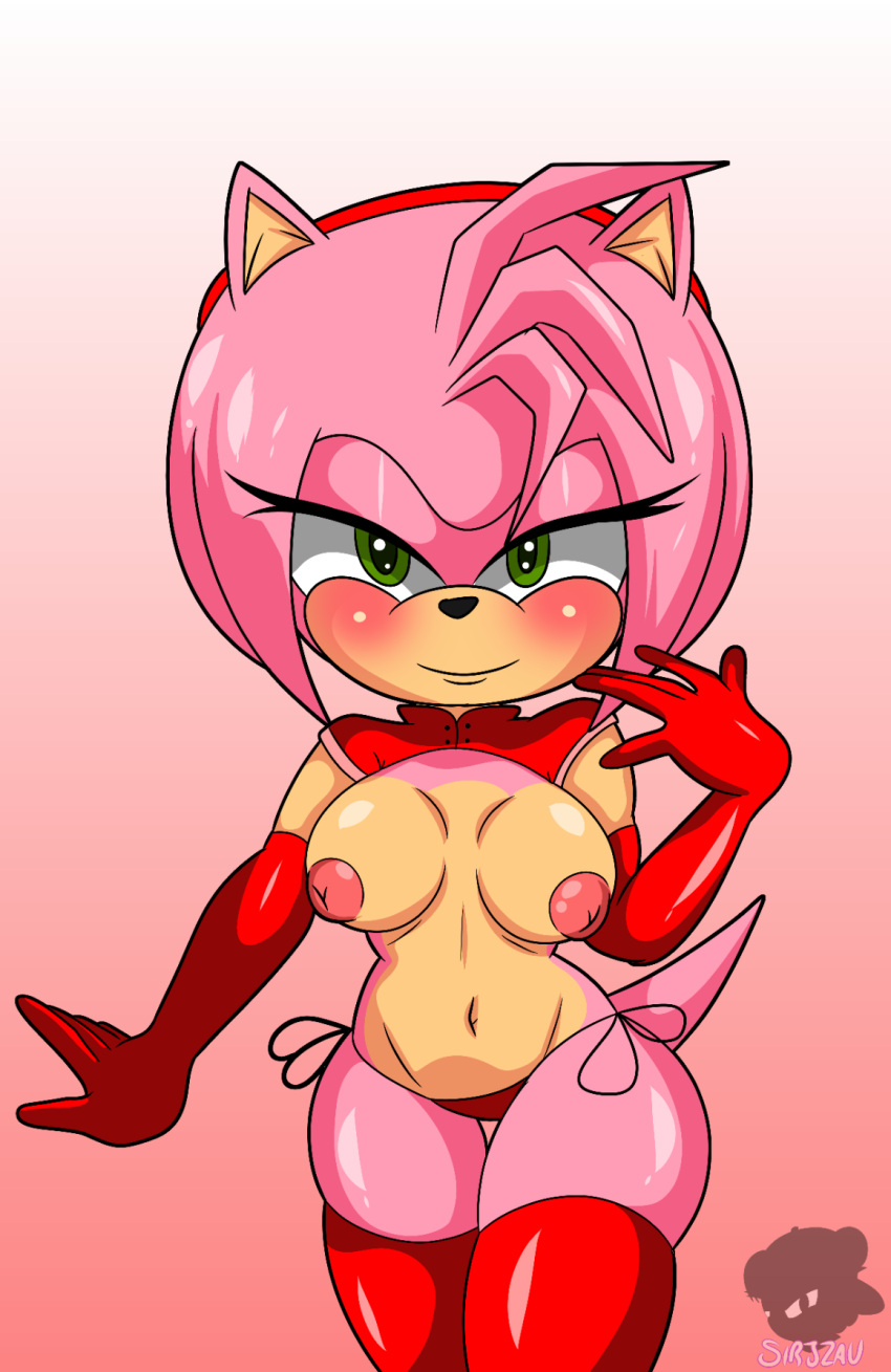 amy_rose anthro breasts clothing eulipotyphlan female gloved_hands gloves hair half-closed_eyes handwear hedgehog hi_res humanoid legs_together legwear looking_at_viewer looking_pleasured mammal narrowed_eyes nipples panties pink_body pink_hair sega sirjzau solo sonic_the_hedgehog_(series) stockings underwear wide_hips