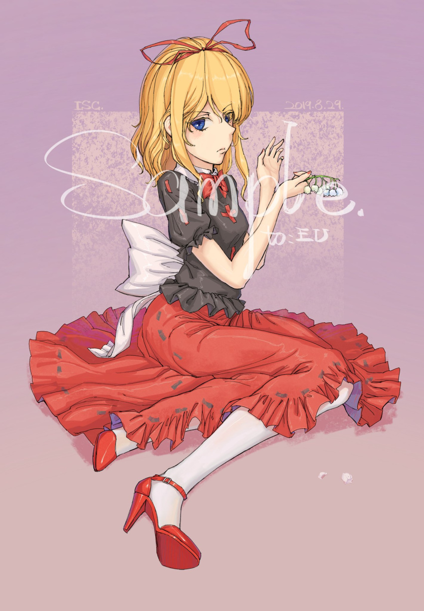 1girl black_shirt blonde_hair blue_eyes bow bowtie d'orsay_heels flower hair_ribbon highres medicine_melancholy pantyhose red_bow red_bowtie red_footwear red_skirt ribbon sample shirt sitting skirt stank touhou white_bow white_legwear