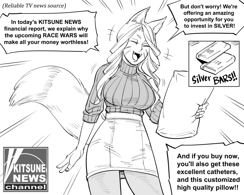 1girl absurdres animal_ears bb_(baalbuddy) breasts closed_eyes facial_mark facing_viewer fangs fox_ears fox_girl fox_news fox_tail greyscale highres large_breasts long_sleeves monochrome original pantyhose parody pencil_skirt ribbed_sweater skirt solo speech_bubble sweater tail translation_request turtleneck turtleneck_sweater