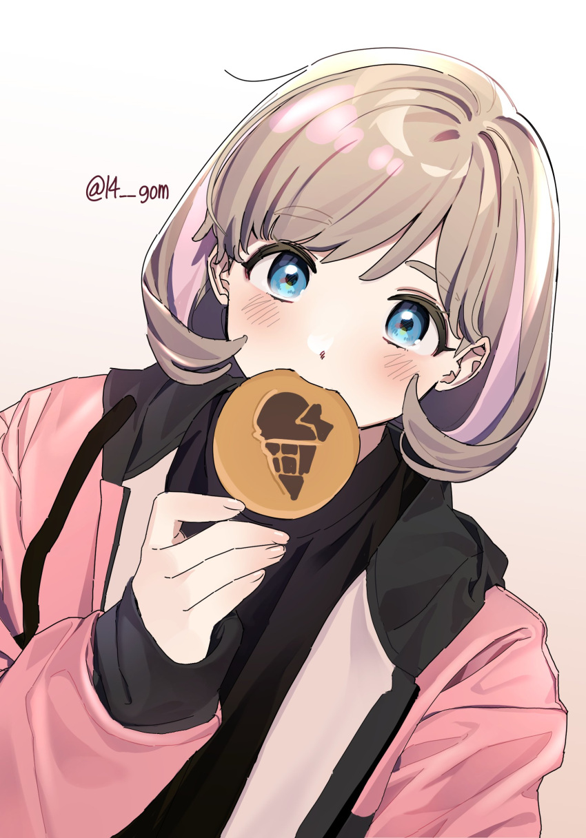 14_(vision5032) 1girl absurdres bangs blue_eyes cookie derivative_work drawstring eating eyebrows_visible_through_hair food grey_hair hand_up highres hood hoodie looking_at_viewer love_live! love_live!_superstar!! parted_bangs photo-referenced shiny shiny_hair short_hair simple_background solo sweatshirt tang_keke thick_eyebrows twitter_username upper_body