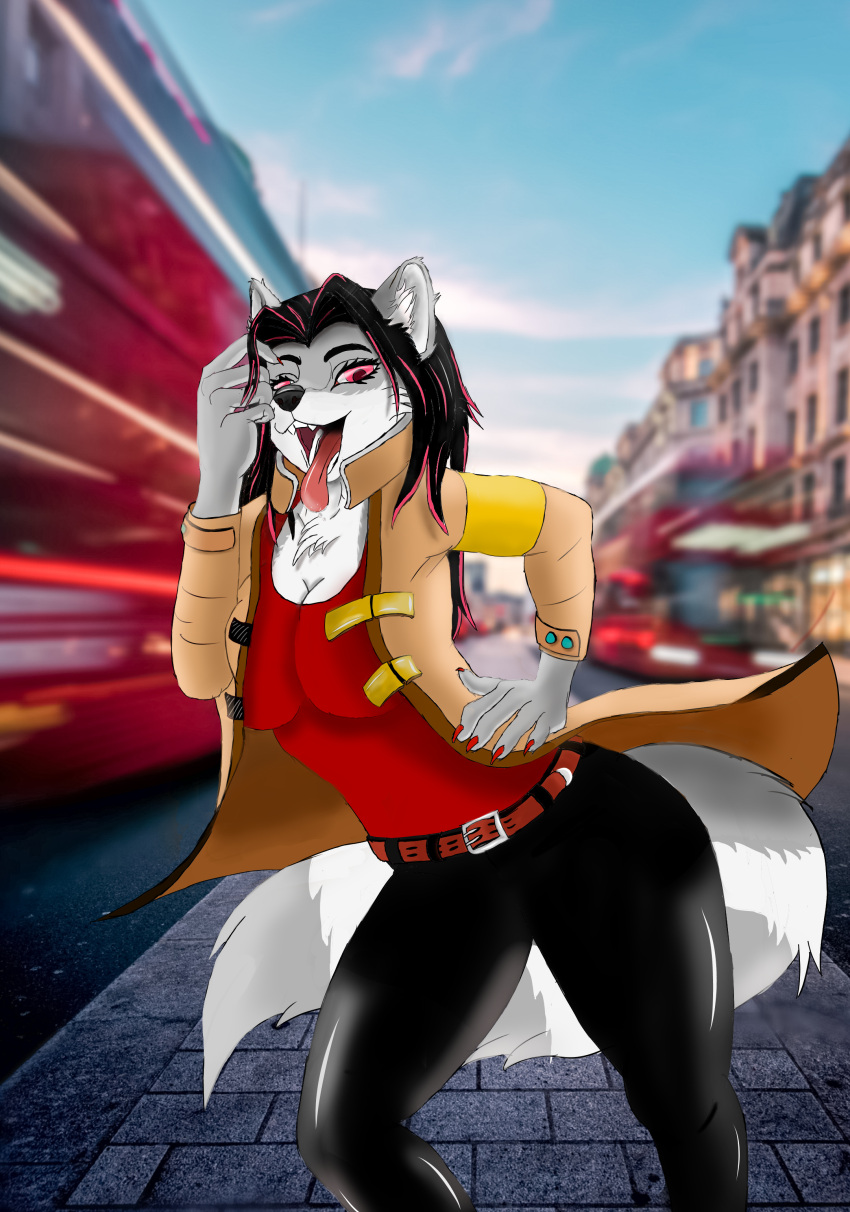 absurd_res anthro canid canine canis classy clothed clothing coat female hi_res landscape london lucareelo mammal modern open_mouth smile solo standing street tongue topwear wolf